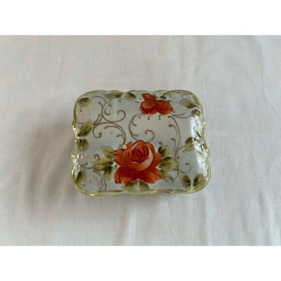Vintage Small Glass Trinket/Jewelry Box with Lid, White, Flowers - Picture 1 of 9